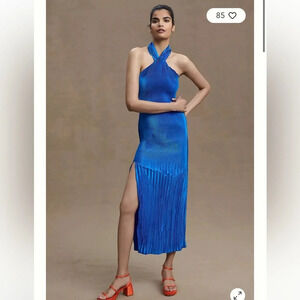 NWT L’idee Soirée Pleated Halter Neck Side Slit Gown Size AU14/US10 Blue
